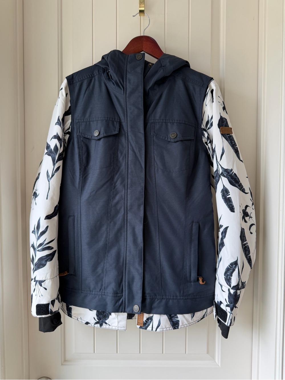 Women’s Roxy Navy Jacket with White Floral Sleeves - Hooded Ski/Winter Coat